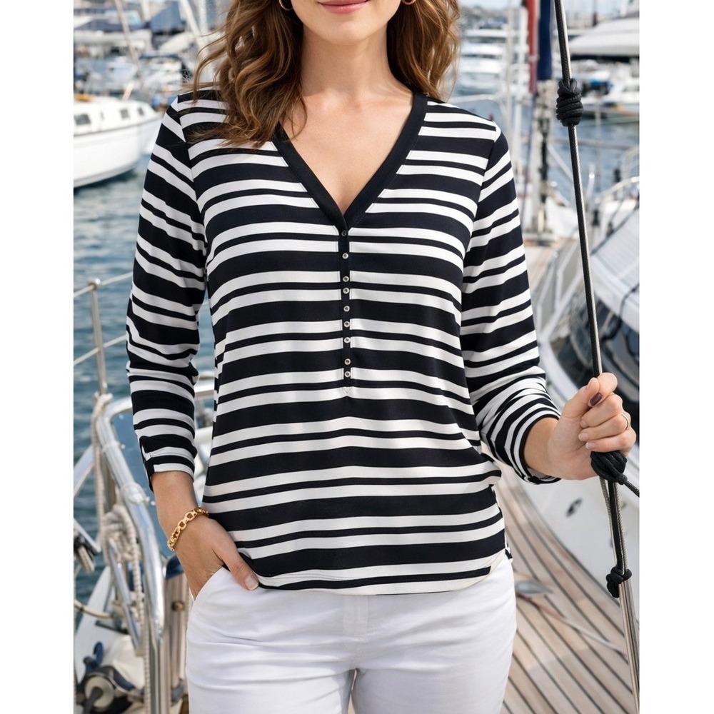Zara Basic Womens Striped V-Neck Long Sleeve Blouse Black White Size S